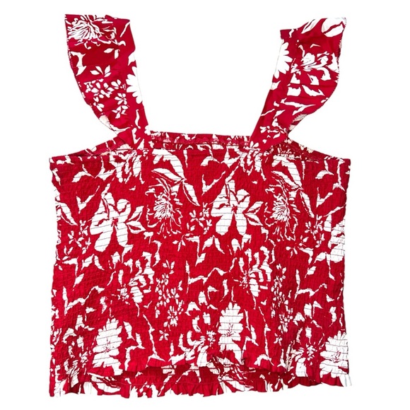 Old Navy Fitted Ruffle-Trim Smocked Floral Top for Women Red Floral Large - Picture 2 of 9